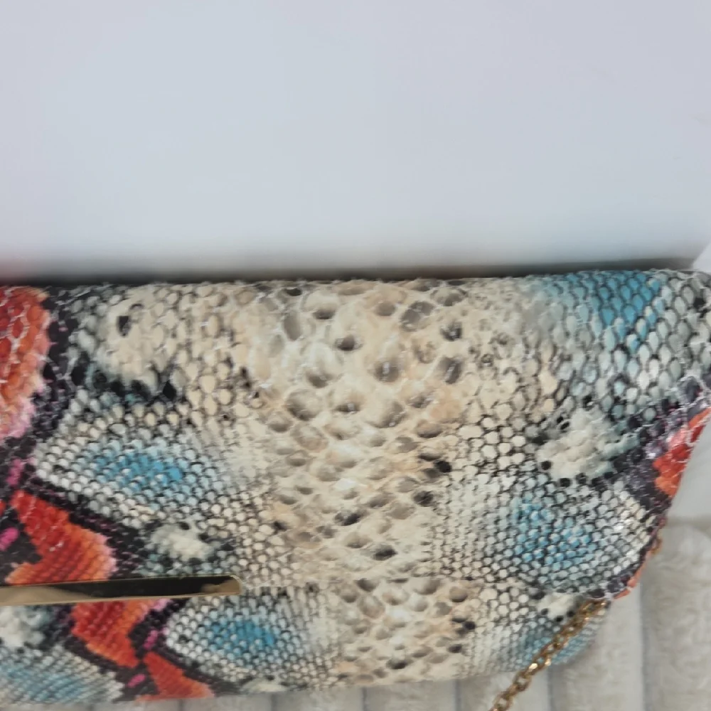 Snake-Print Clutch with Gold Chain - Multicolor